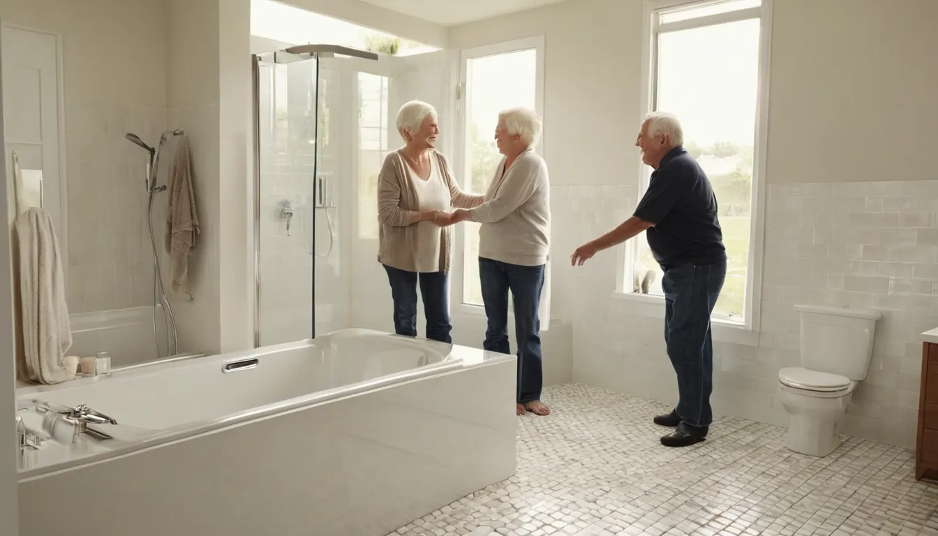 A smiling couple looking at a walk-in tub in a bright bathroom in Waterbury